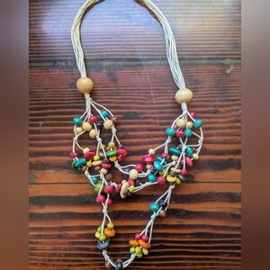 Wood Bead Statement Necklace – Colorful Boho on Natural Cord